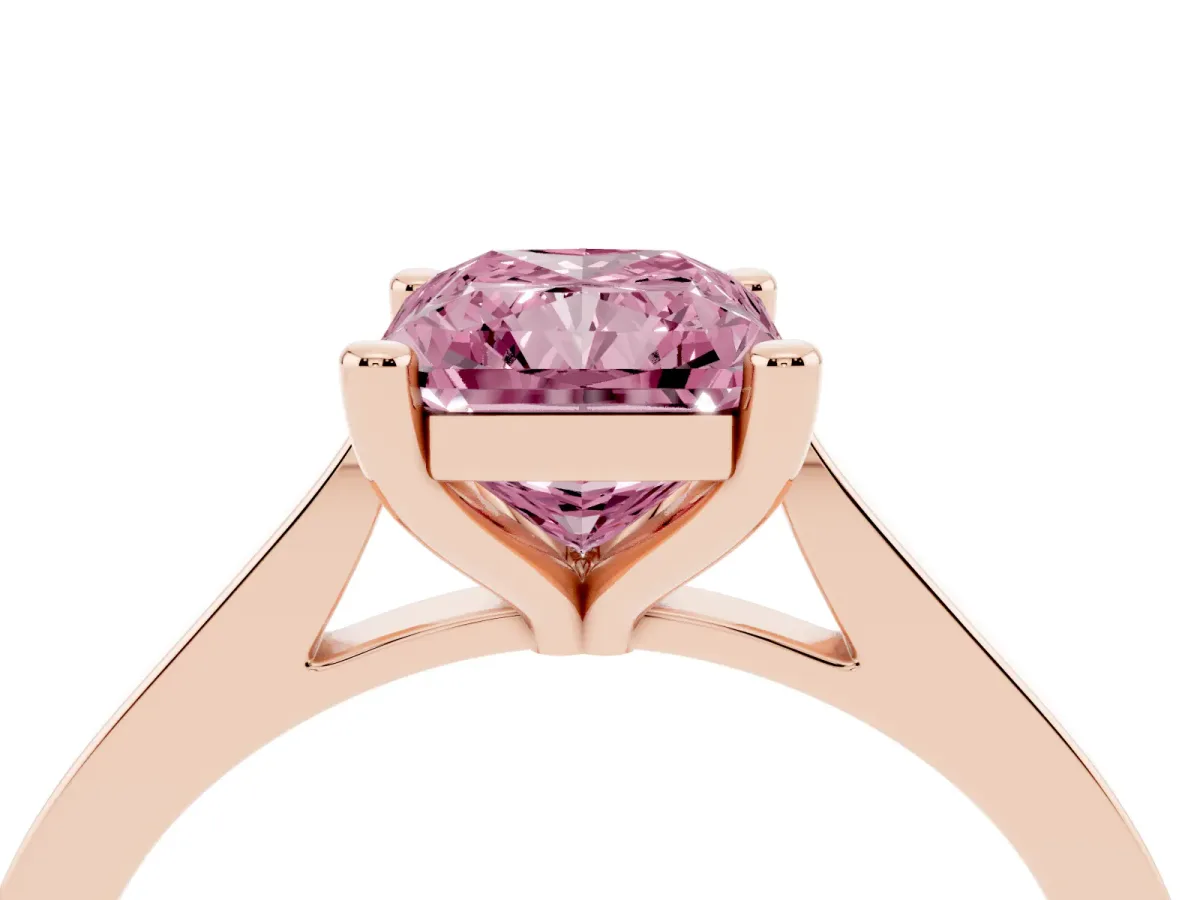 Fancy Pink Radiant Cut Solitaire Diamond Ring with Four-Prong Setting and Tapered Band Rose gold