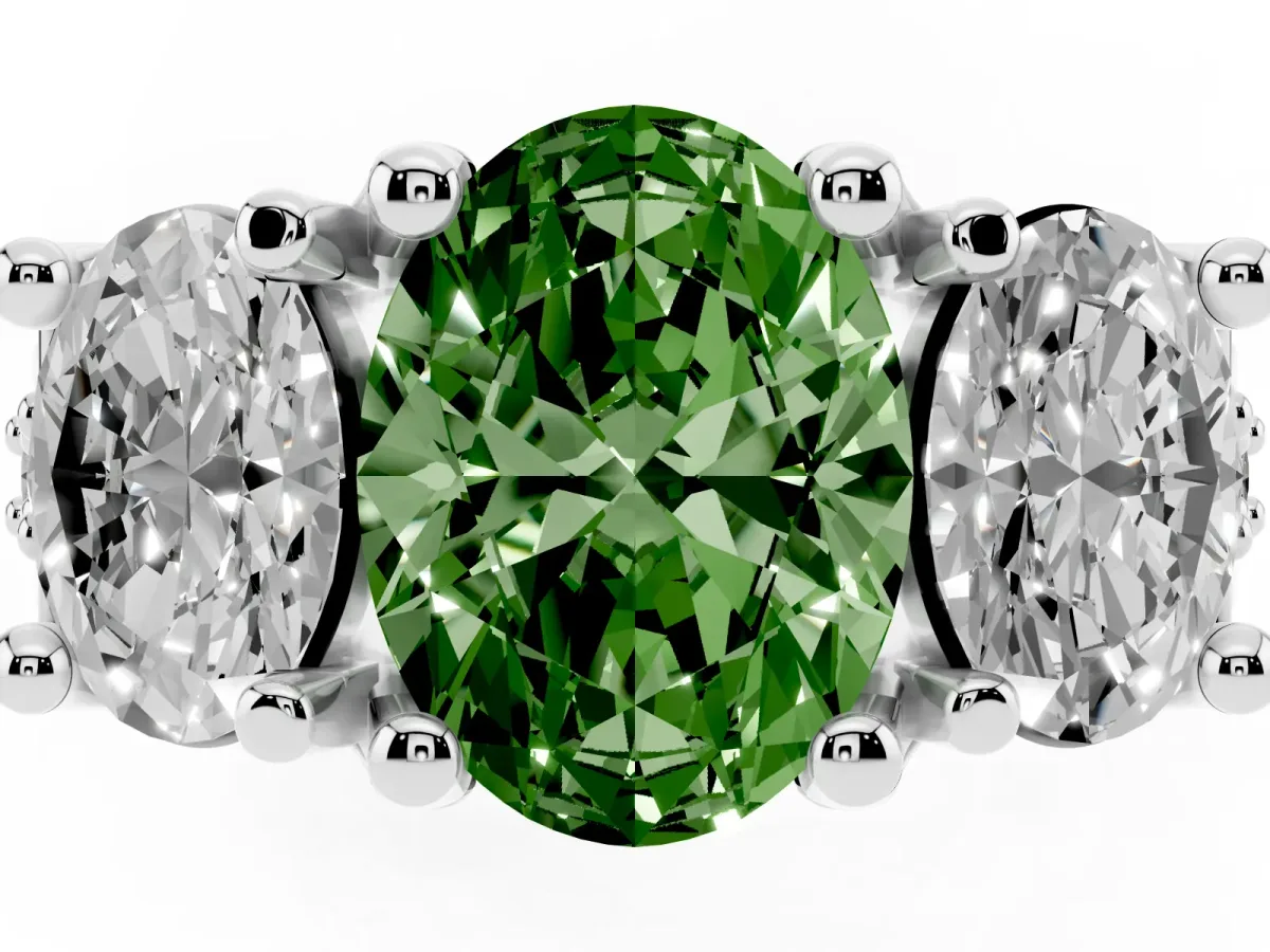 Fancy Green Oval Cut Diamond Three-Stone Ring with Channel Set Band and Four-Prong Setting Silver
