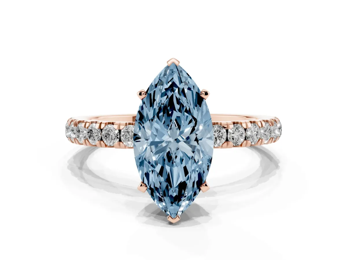 Fancy Blue Marquise Cut Diamond Solitaire Ring with Pavé Accents and Four-Prong Setting Rose gold