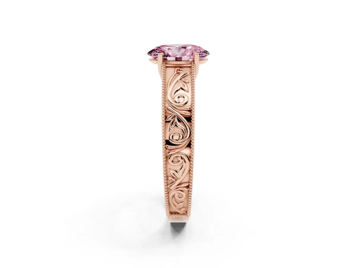 Fancy Pink Oval Cut Diamond Solitaire Ring with Engraved Band and Four-Prong Setting Rose gold