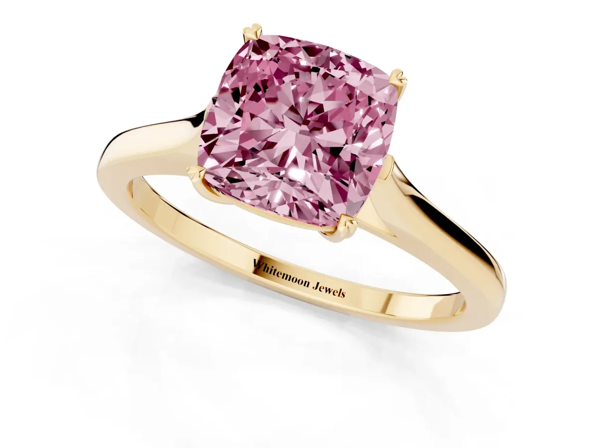 Fancy Pink Cushion Cut Solitaire Heart Prong Engagement Ring with Tapered Band Yellow gold