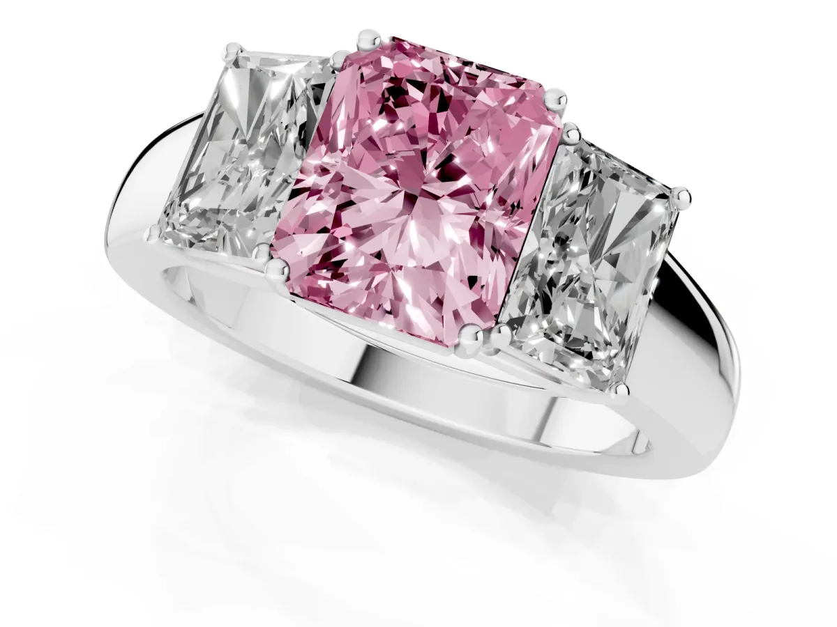 Fancy Pink Three-Stone Radiant Cut Cut Diamond Ring with Prong Setting and Classic Band Silver
