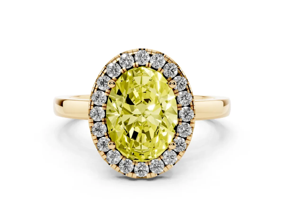 Fancy Yellow Oval Cut Halo Diamond Solitaire with Pavé Band and Four-Prong Setting Yellow gold
