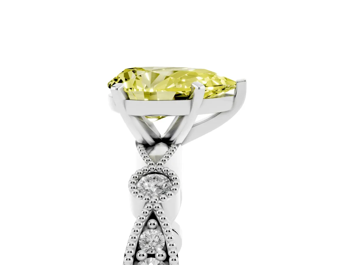 Fancy Yellow Pear Cut Milgrain Bezel Diamond Engagement Ring with Solitaire Prong Setting Platinum