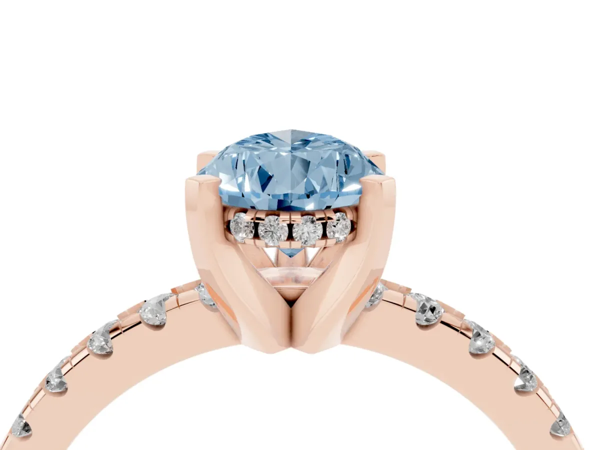 Fancy Blue Pear Cut Diamond Solitaire Ring with Round Pavé Band and Four-Prong Setting Rose gold