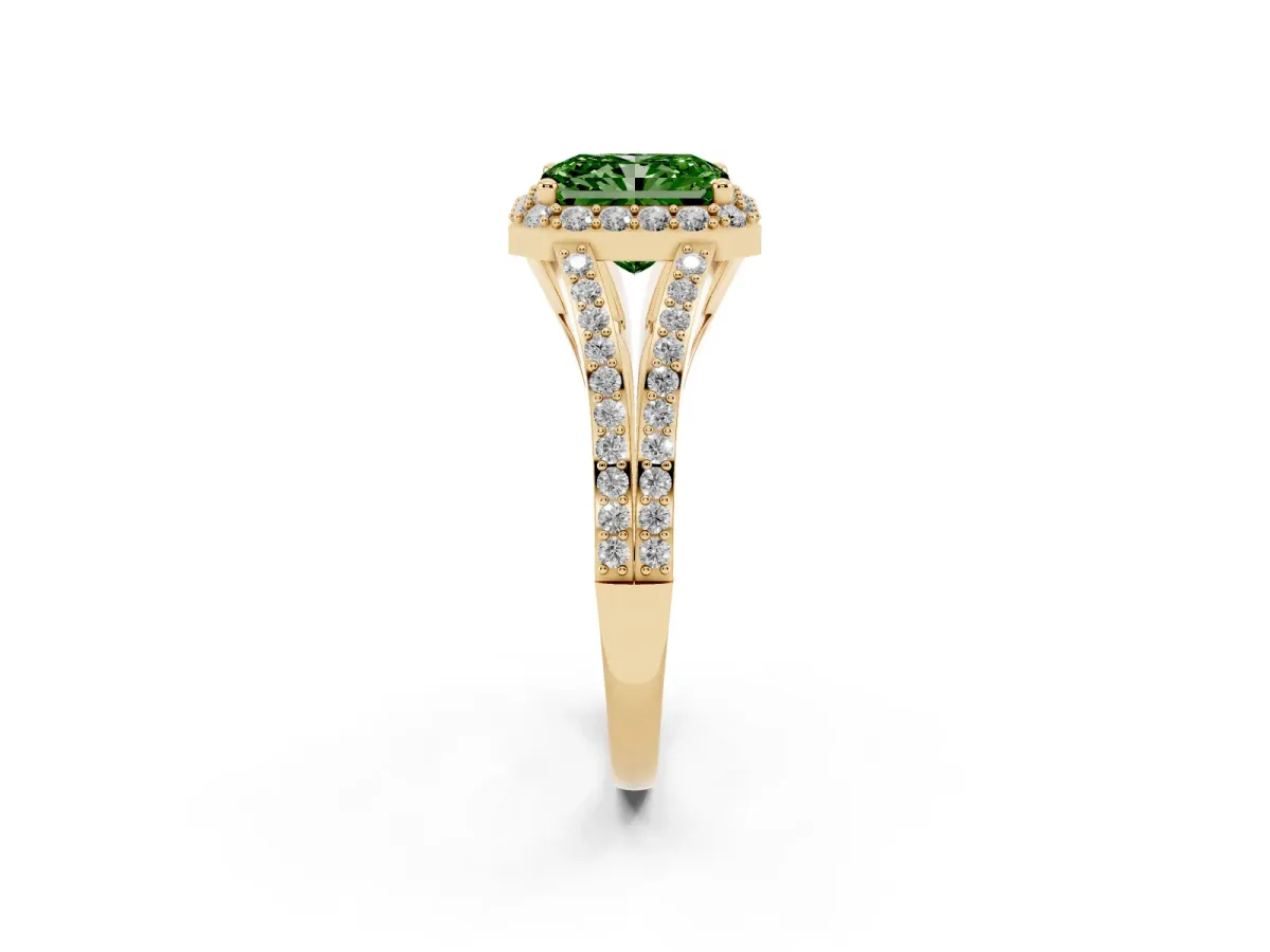 Fancy Green Radiant Cut Halo Split Shank Diamond Ring with Prong Setting Yellow gold