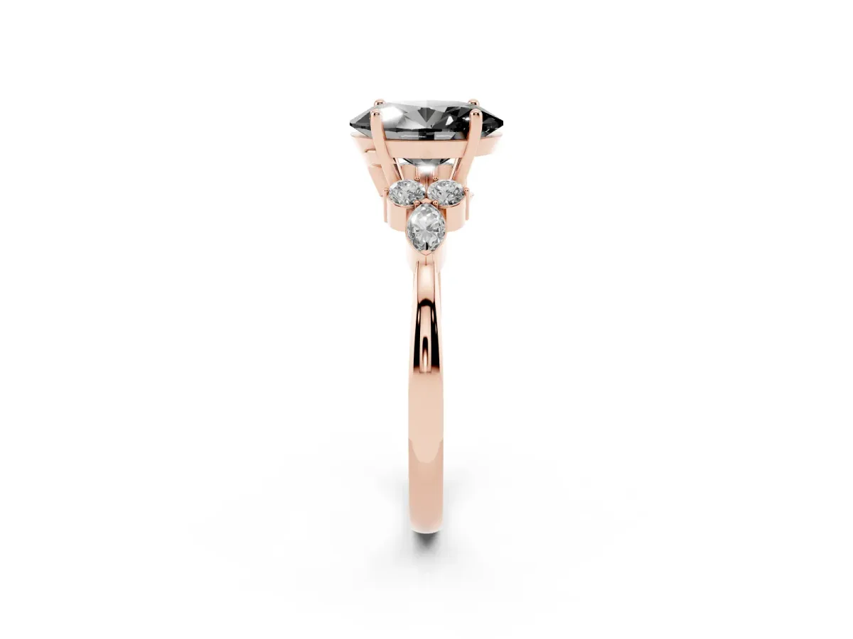 Fancy Black Oval Cut Brilliant Diamond Solitaire Ring with Pear Side Stones and Four-Prong Setting Rose gold