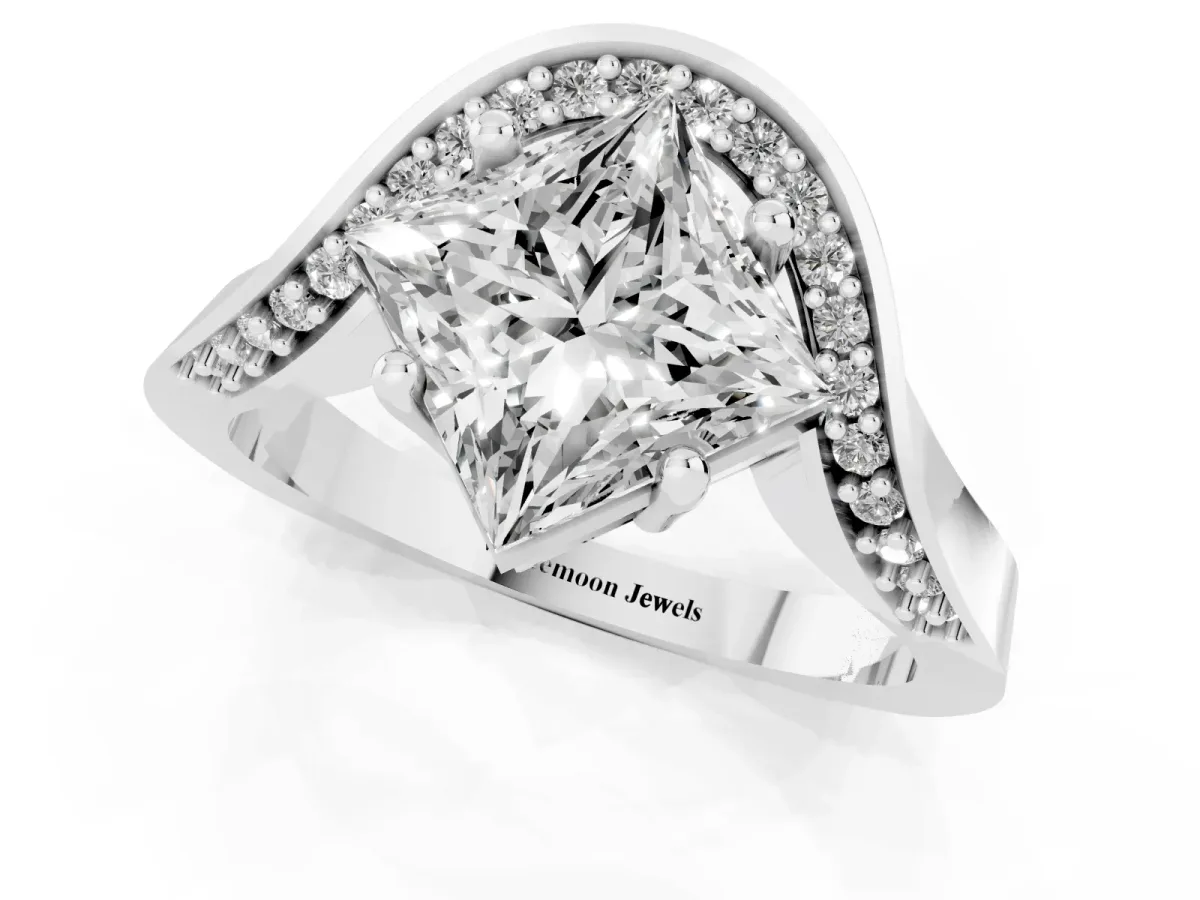 Princess Cut Solitaire Diamond Engagement Ring with Pave Band and Four-Prong Setting Silver