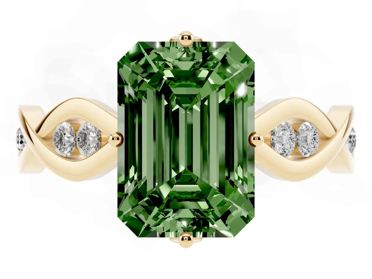 Fancy Green Emerald Cut Solitaire Twist Band with Leaf Prong Setting Yellow gold