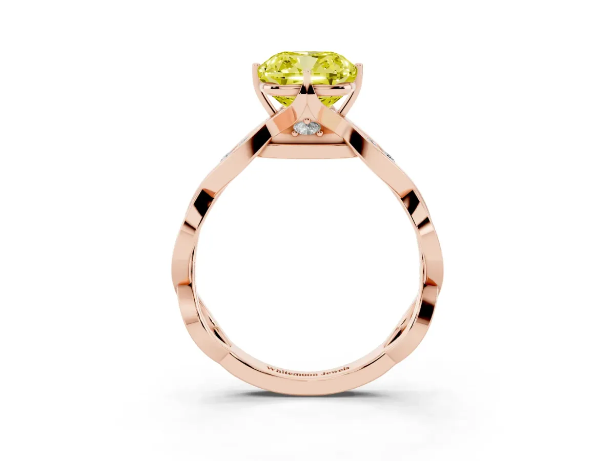 Fancy Yellow Cushion Cut Solitaire Twist Band with Leaf Prong Setting Rose gold