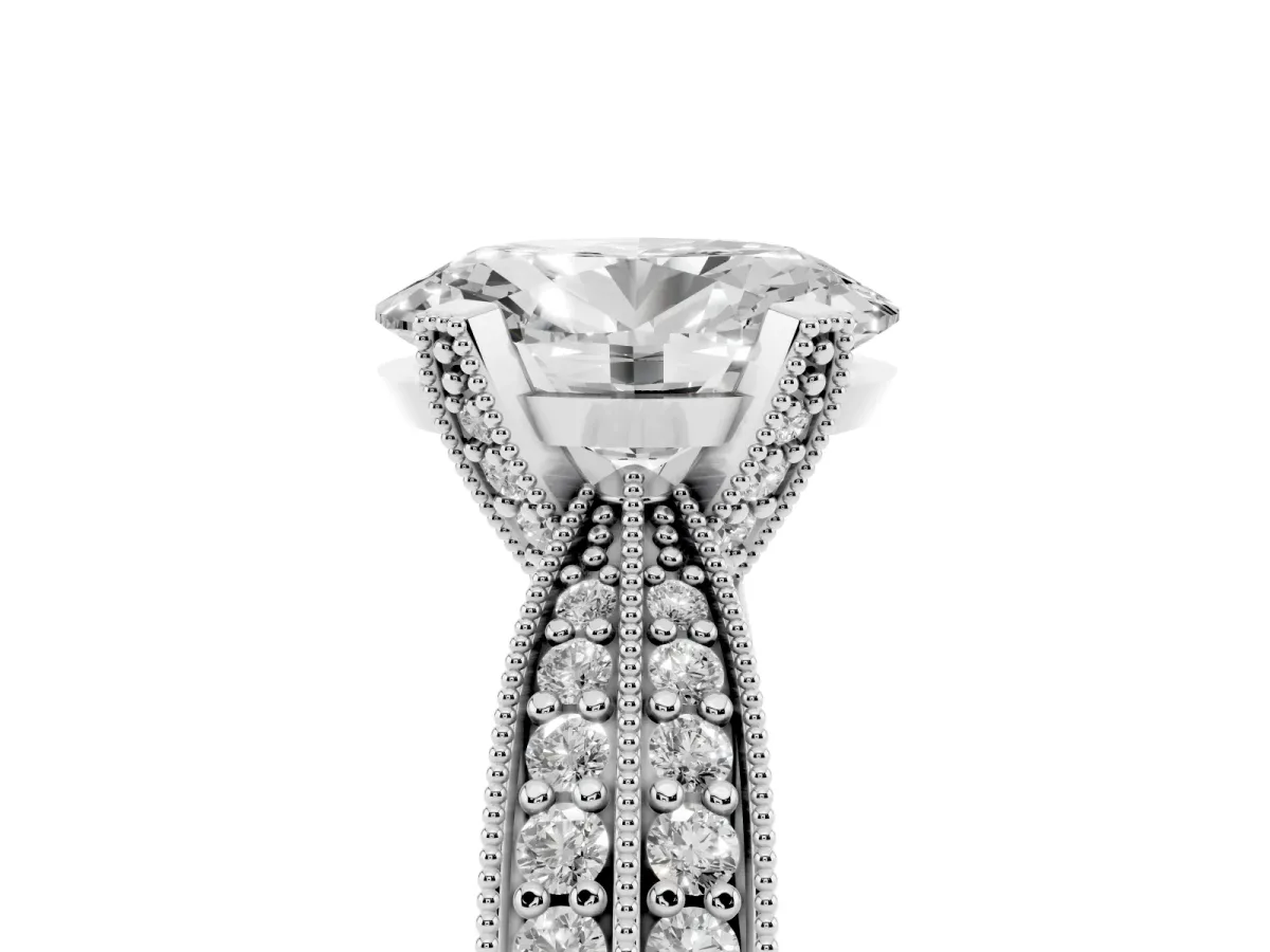 Oval Cut Diamond Solitaire Ring with Milgrain Round Pavé Band and Prong Setting Platinum