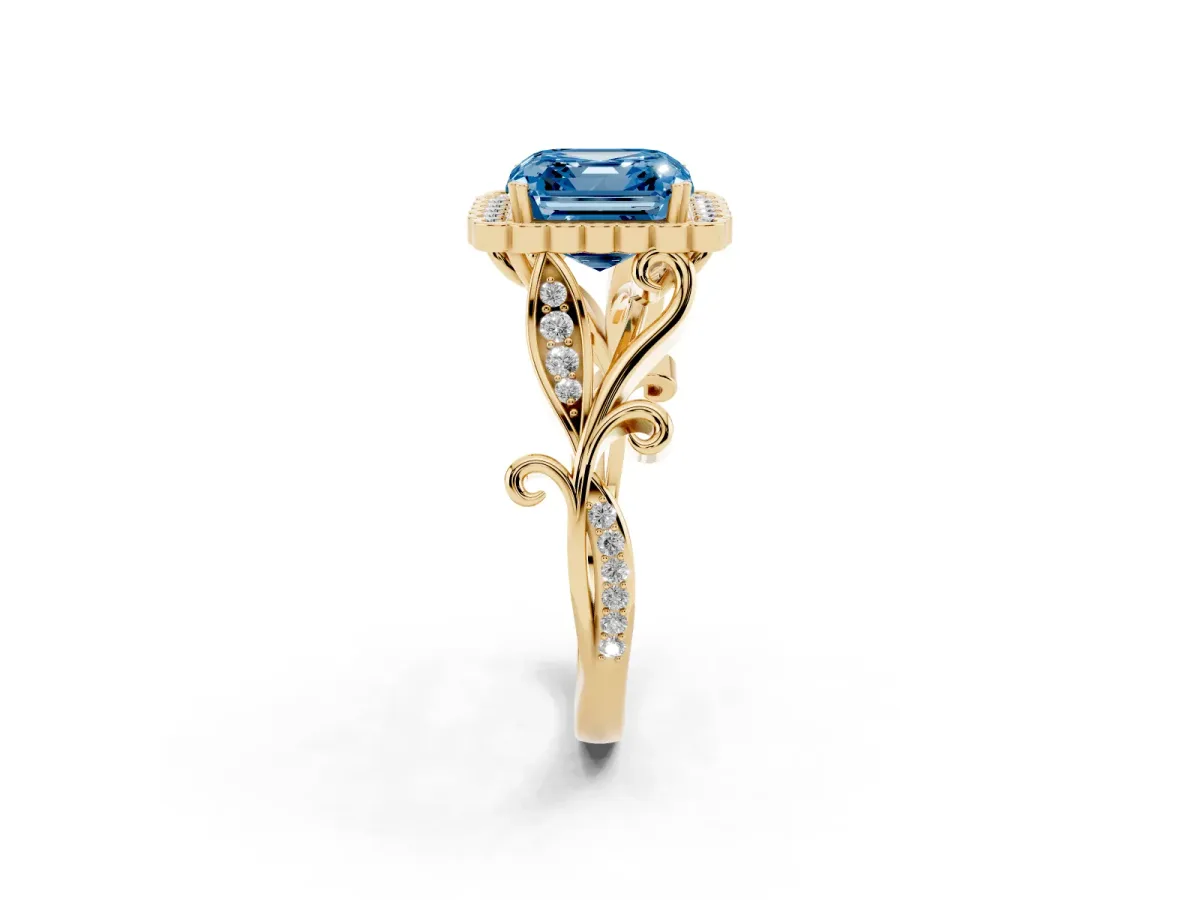 Fancy Blue Asscher Cut Diamond Halo Ring with Vintage Split Shank and Four-Prong Setting Yellow gold