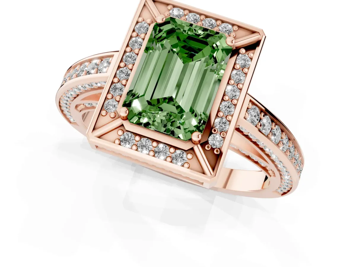 Fancy Green Emerald Cut Cut Halo Pave Split Shank Prong Setting Ring Rose gold