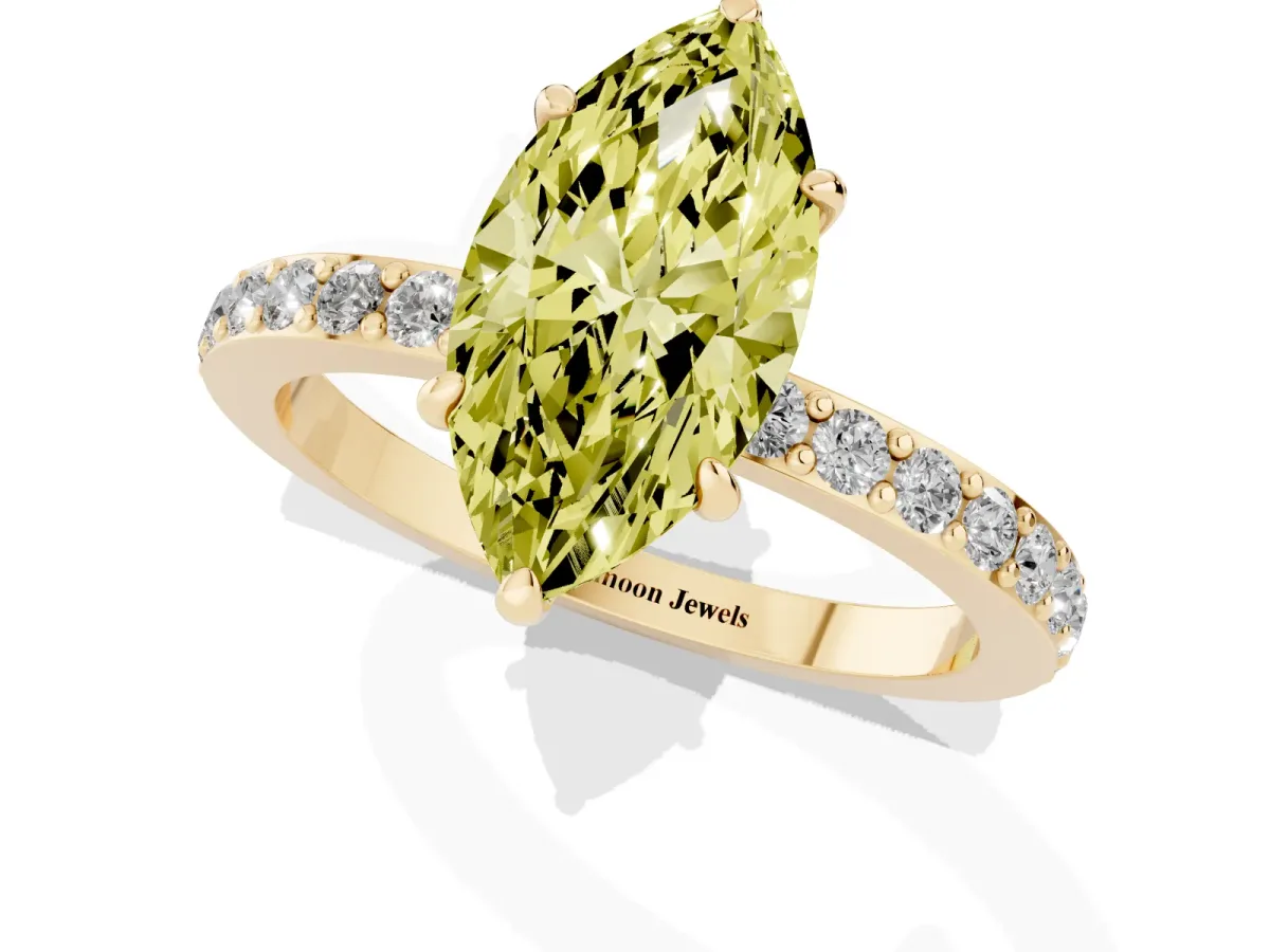 Fancy Yellow Marquise Cut Diamond Pavé Engagement Ring with Round Accents and Prong Setting Yellow gold
