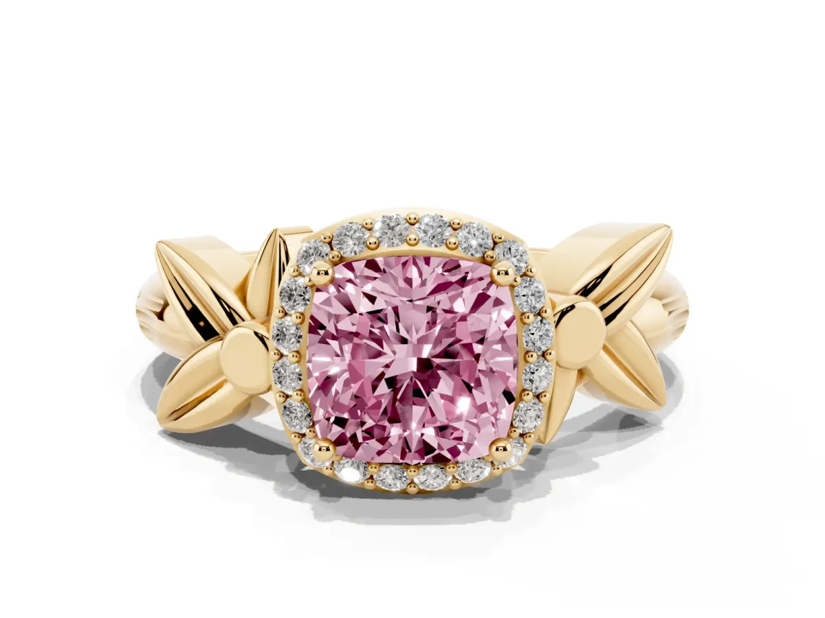 Fancy Pink Cushion Cut Halo Diamond Floral Band with Four-Prong Setting Yellow gold