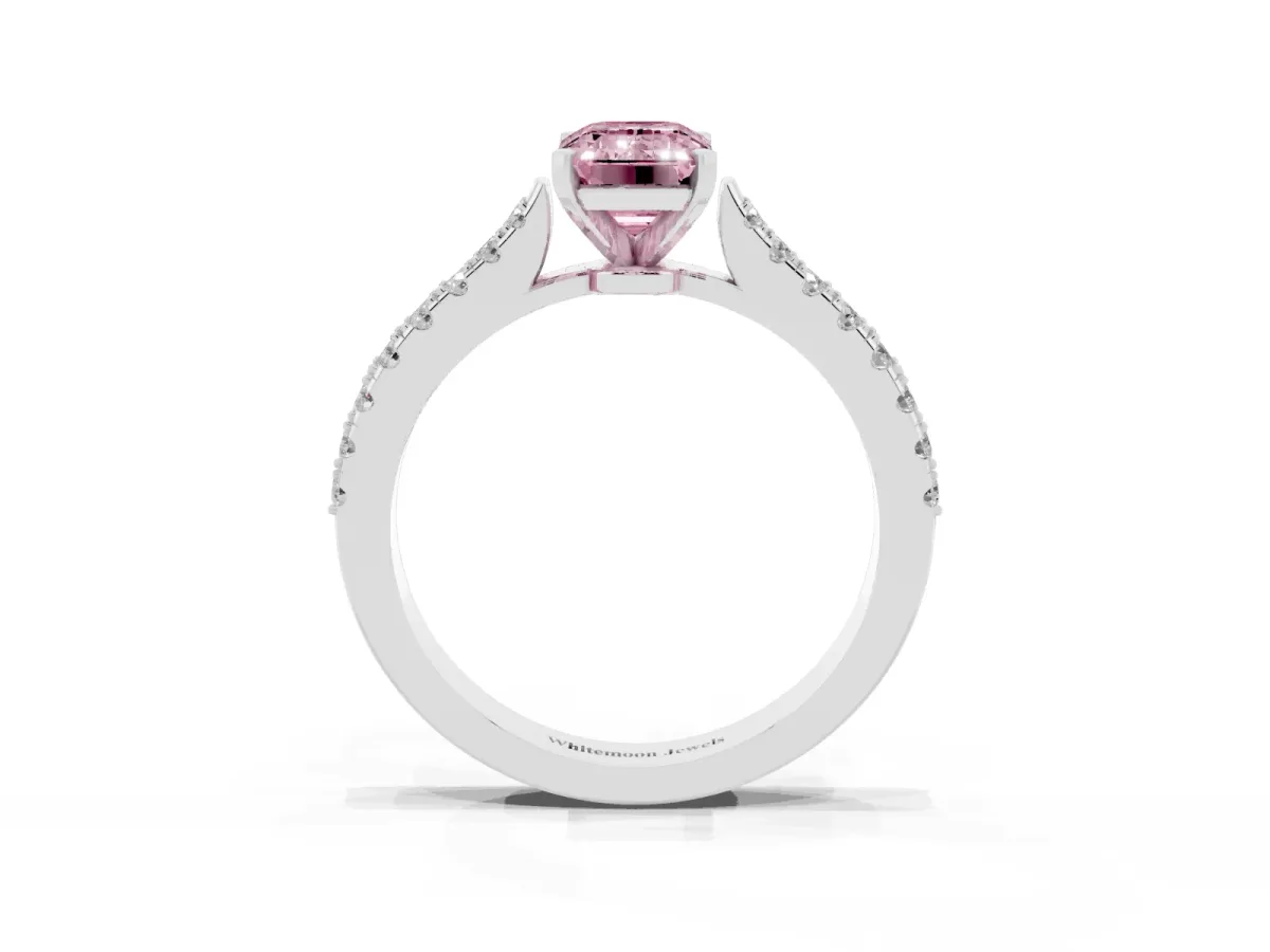 Fancy Pink Emerald Cut Cut Solitaire Diamond Engagement Ring with Pave Band and Four-Prong Setting Platinum