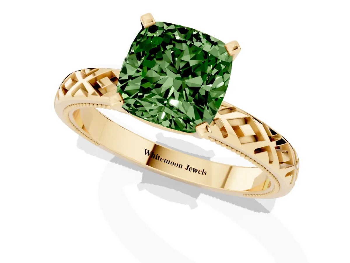 Fancy Green Cushion Cut Solitaire Diamond Ring with Milgrain and Black Enamel X Pattern Band Yellow gold