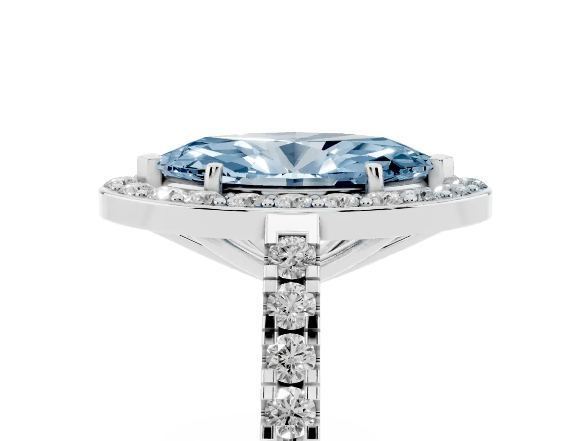 Fancy Blue Marquise Cut Diamond Halo Ring with Round Pavé Split Shank and Prong Setting Silver