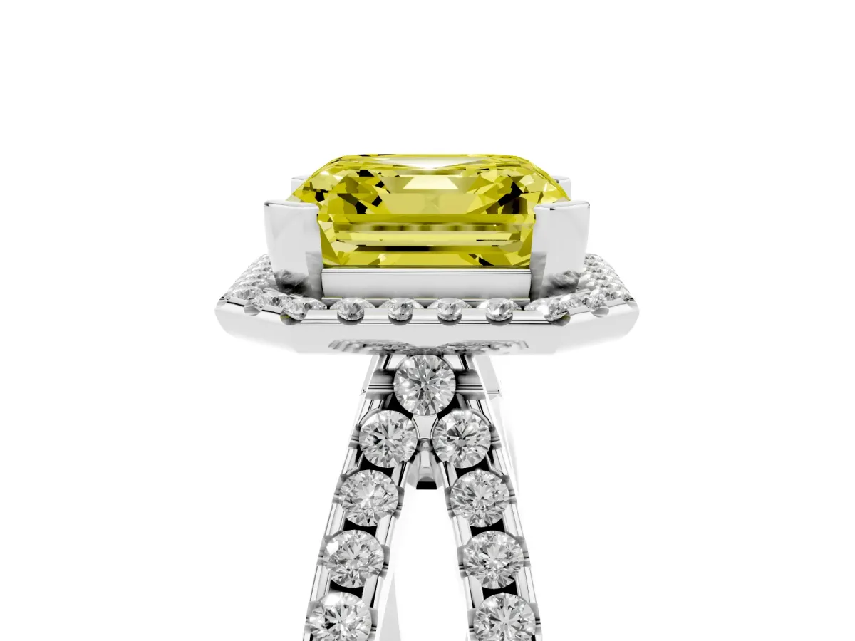 Fancy Yellow Asscher Cut Diamond Halo Ring with Split Shank Pavé Band and Prong Setting Silver