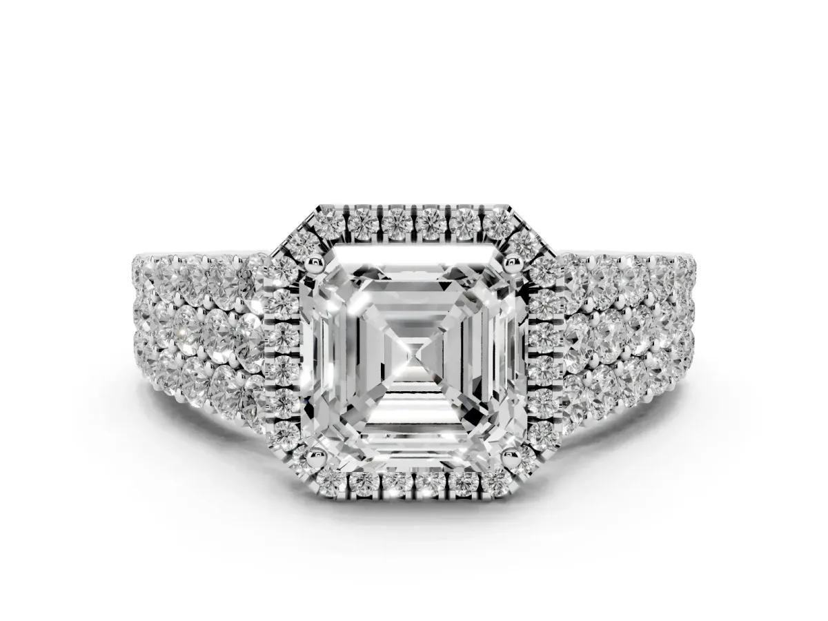 Asscher Cut Diamond Halo Engagement Ring with Triple Row Round Pavé Band and Prong Setting Platinum
