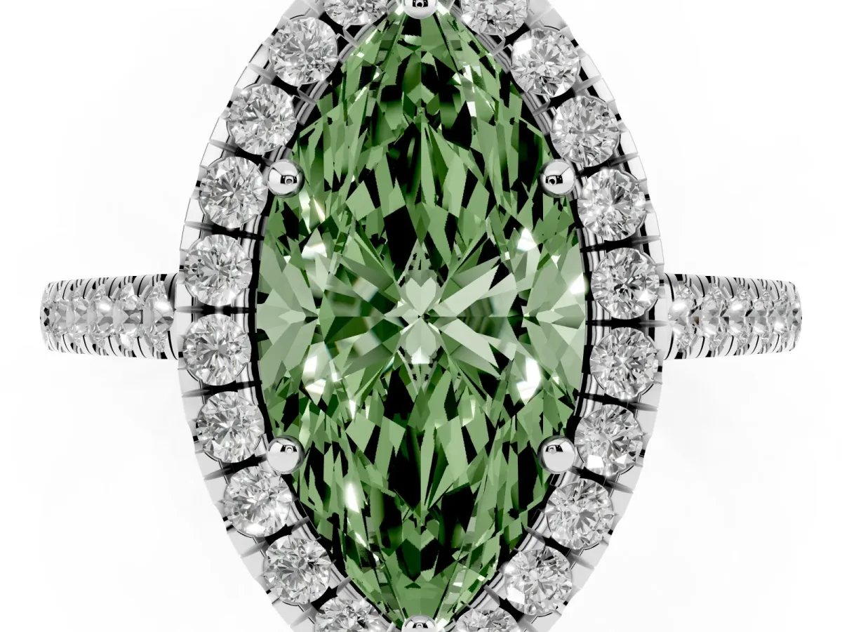 Fancy Green Marquise Cut Halo Pavé Diamond Engagement Ring with Four-Prong Setting Silver