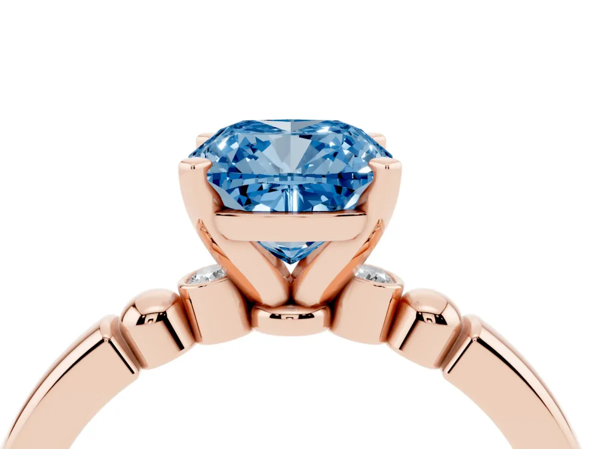 Fancy Blue Cushion Cut Solitaire Beaded Band with Four-Prong Setting Rose gold