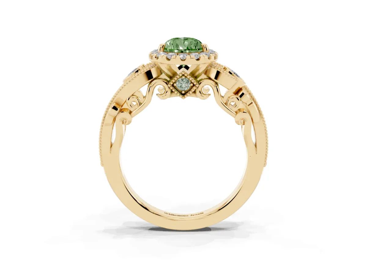 Fancy Green Pear Cut Halo Diamond Ring with Milgrain and Bezel Accents on a Split Shank Band Yellow gold