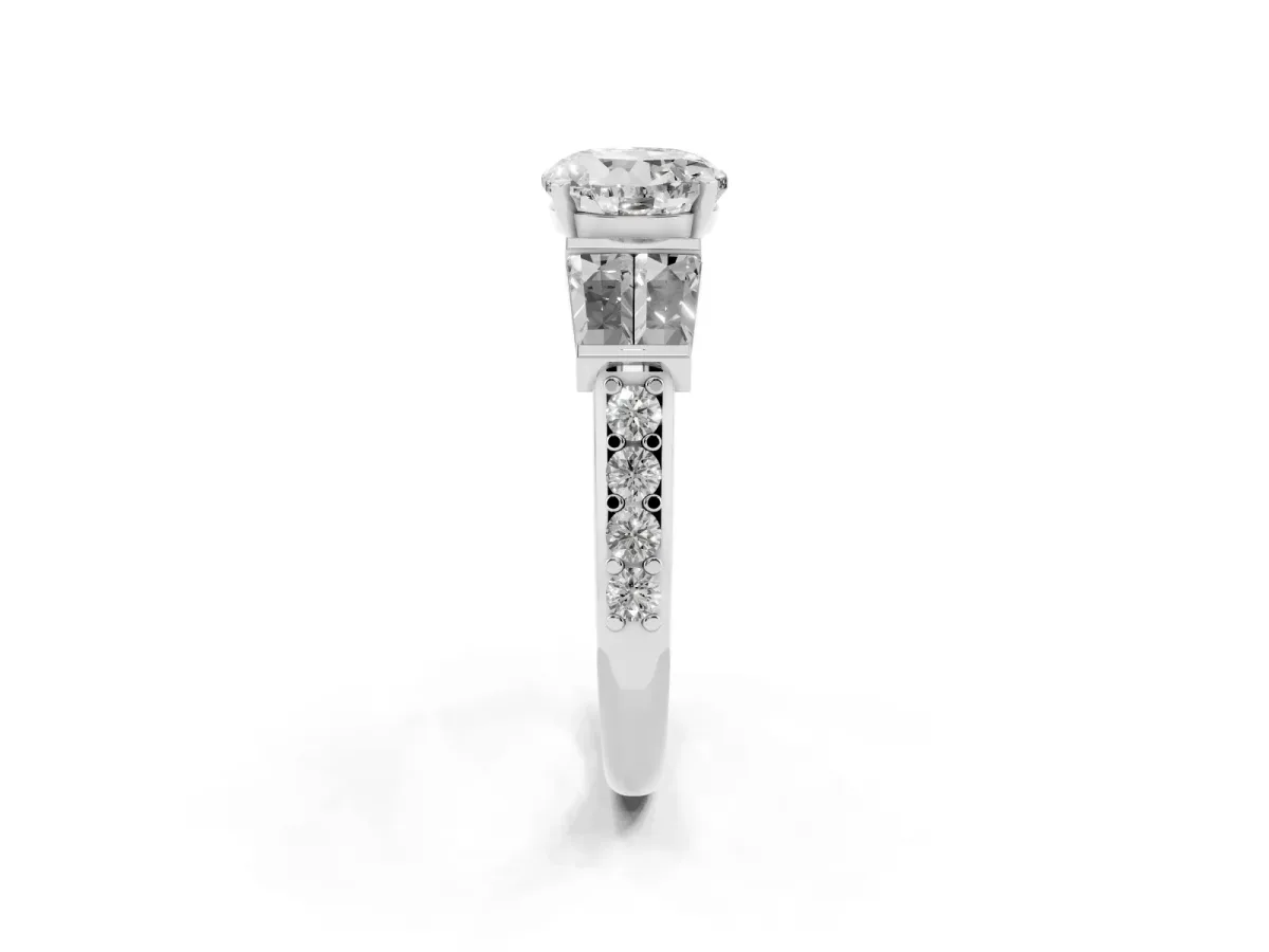 Round Cut Diamond Engagement Ring with Baguette Side Stones and Channel Set Band Silver
