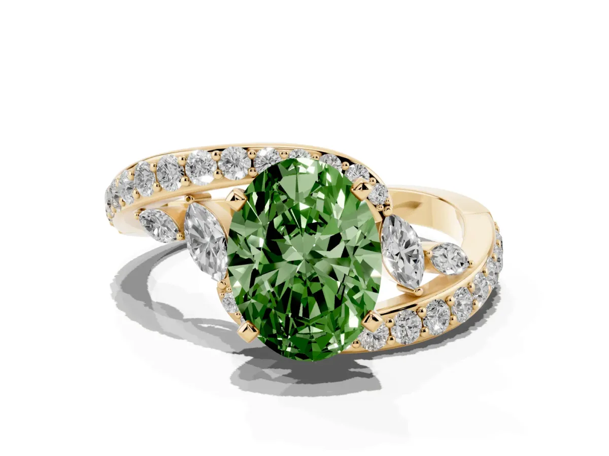 Fancy Green Oval Cut Solitaire with Pavé Twist Band and Four-Prong Setting Yellow gold