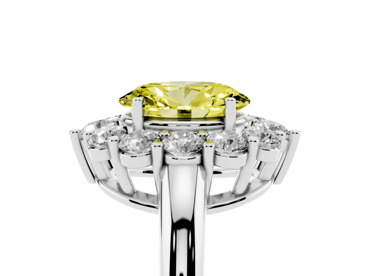 Fancy Yellow Oval Cut Halo Cluster Diamond Engagement Ring with Prong Setting and Polished Band Platinum