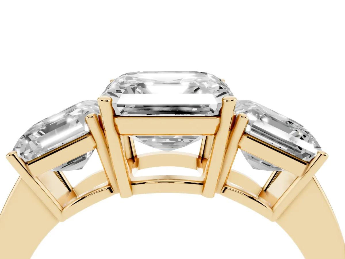 Three-Stone Asscher Cut Cut Diamond Engagement Ring with Flat Band and Four-Prong Setting Yellow gold