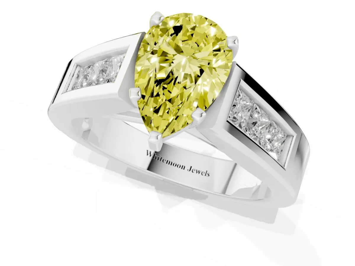 Fancy Yellow Pear Cut Cut Channel Set Solitaire Ring with Four-Prong Setting Silver