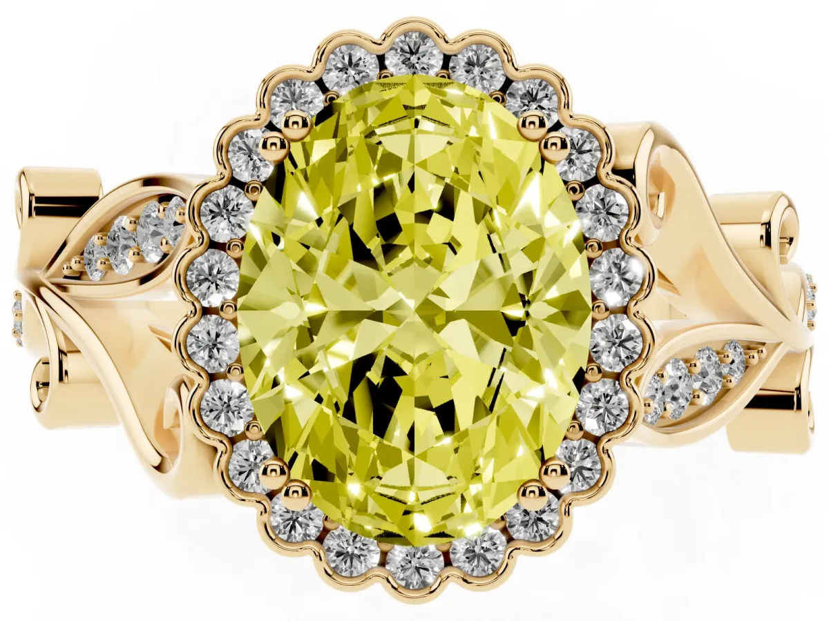 Fancy Yellow Oval Cut Diamond Halo Ring with Vintage Split Shank and Four-Prong Setting Yellow gold