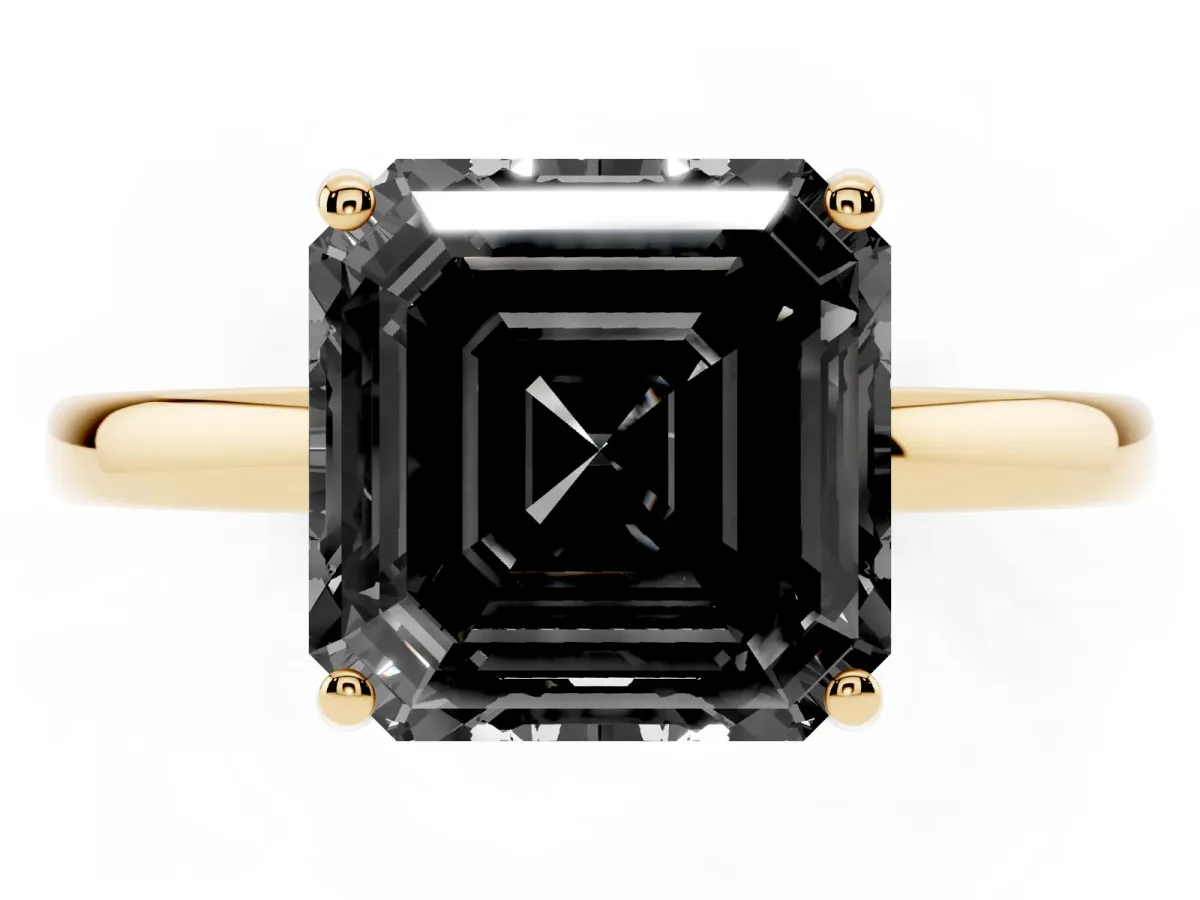 Fancy Black Asscher Cut Solitaire Diamond Ring with Prong Setting and Plain Band Yellow gold