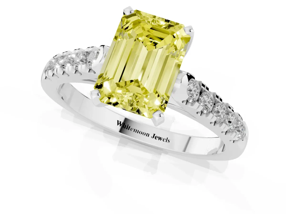 Fancy Yellow Emerald Cut Diamond Pavé Band Solitaire Ring with Prong Setting Silver
