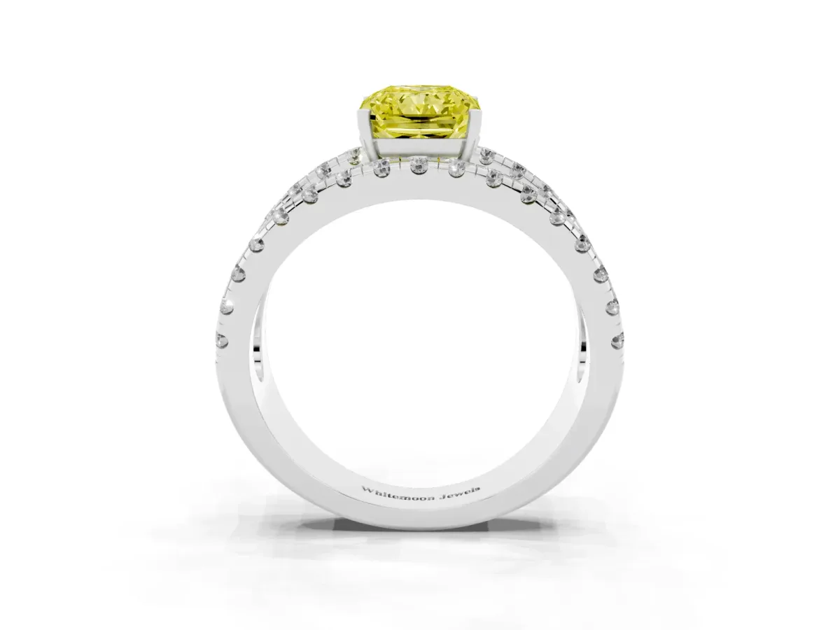 Fancy Yellow Radiant Cut Solitaire Split Shank Pave Diamond Ring Platinum