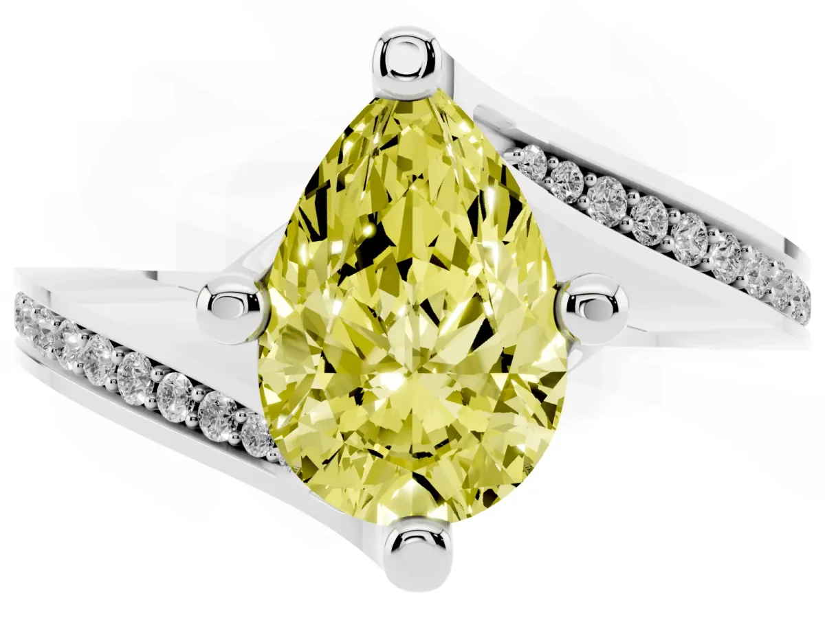 Fancy Yellow Pear Cut Solitaire Diamond Twist Band with Pavé Setting and Four-Prong Setting Silver