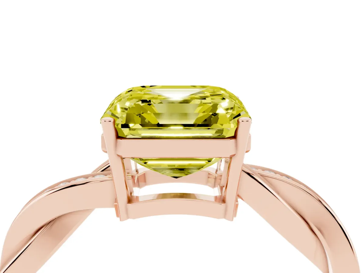 Fancy Yellow Asscher Cut Solitaire Twisted Pave Diamond Ring with Four-Prong Setting Rose gold