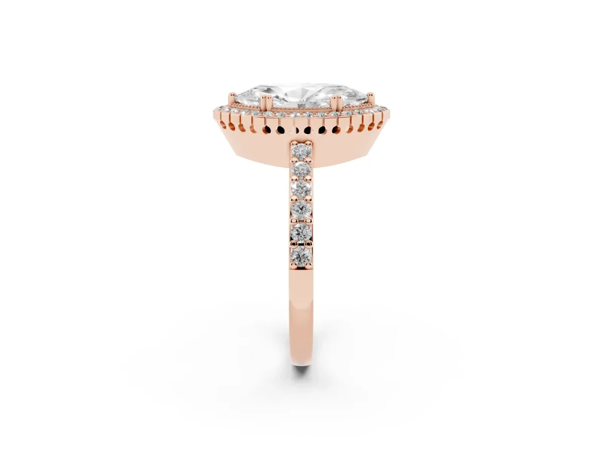 Marquise Cut Cut Diamond Halo Engagement Ring with Milgrain Detail and Pavé Band Rose gold
