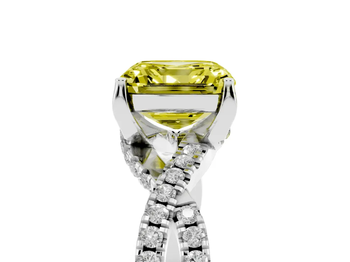 Fancy Yellow Asscher Cut Solitaire Twist Pave Diamond Engagement Ring with Prong Setting Silver