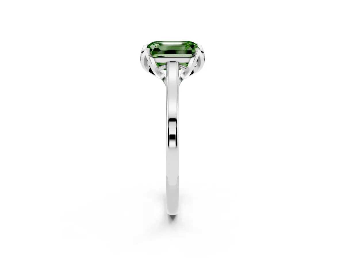 Fancy Green Emerald Cut Diamond Solitaire Ring with Flower Prong Setting and Classic Band Silver