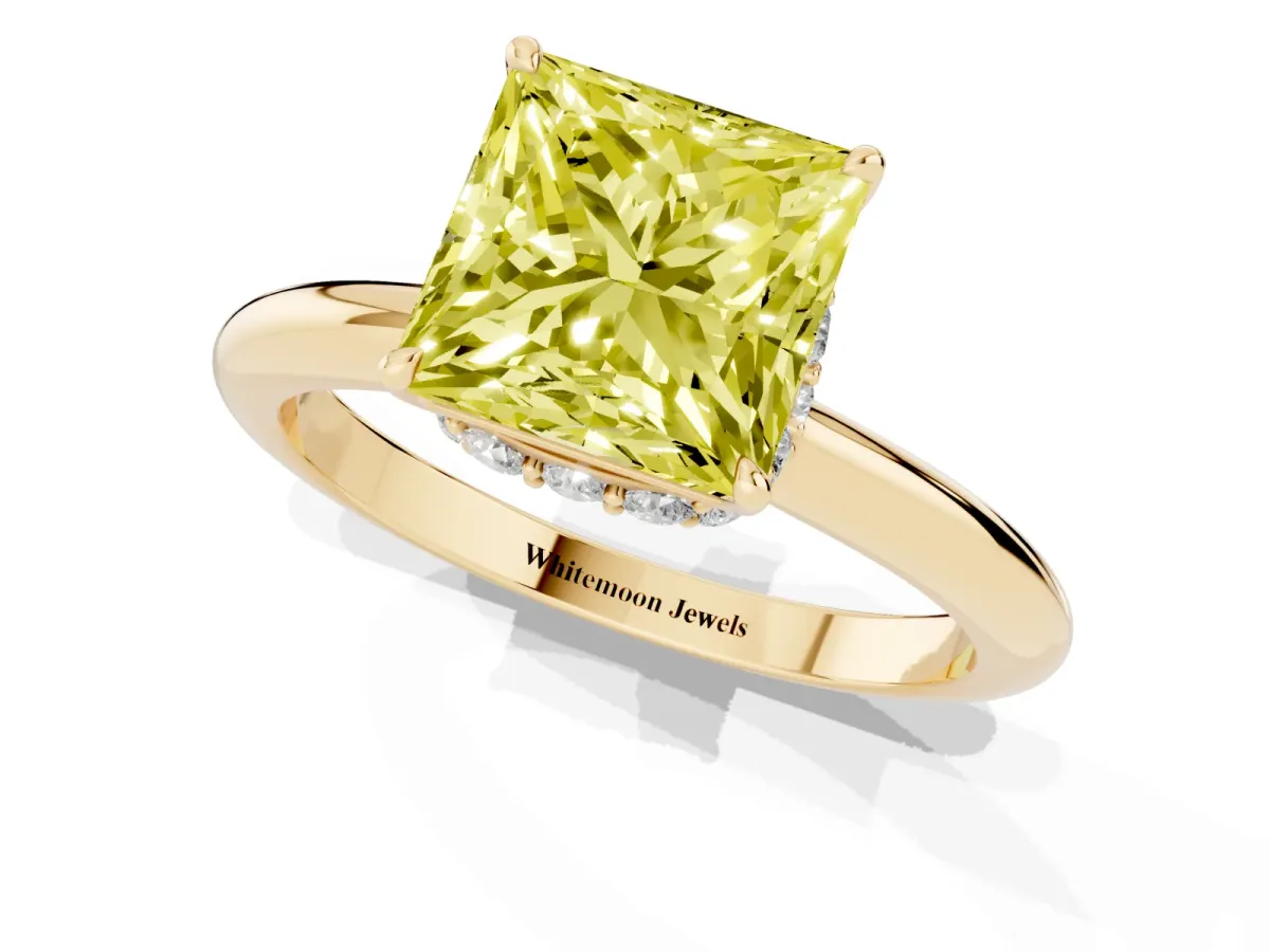 Fancy Yellow Princess Cut Brilliant Solitaire Engagement Ring with Six-Prong Setting and Classic Band Yellow gold