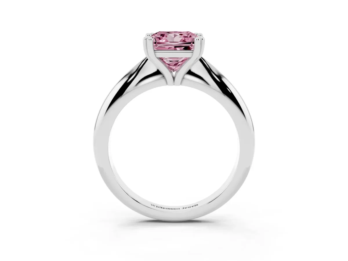 Fancy Pink Princess Cut Cut Solitaire Engagement Ring with Tapered Band and Four-Prong Setting Platinum