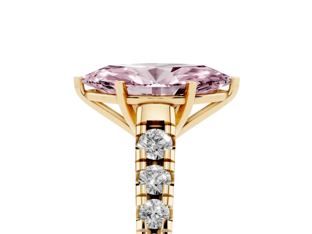 Fancy Pink Marquise Cut Diamond Cathedral Solitaire Ring with Round Pavé Band Yellow gold