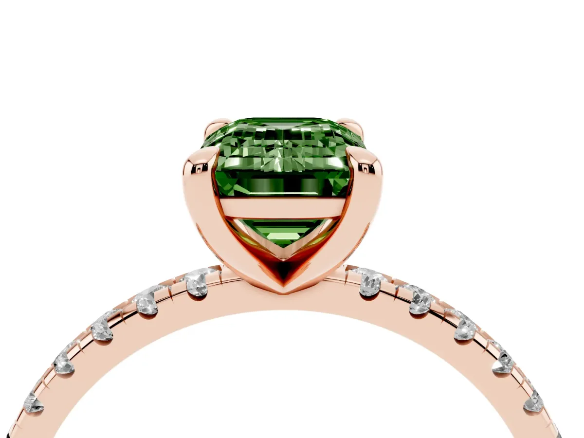 Fancy Green Emerald Cut Diamond Brilliant Solitaire Ring with Pavé Band and Four-Prong Setting Rose gold