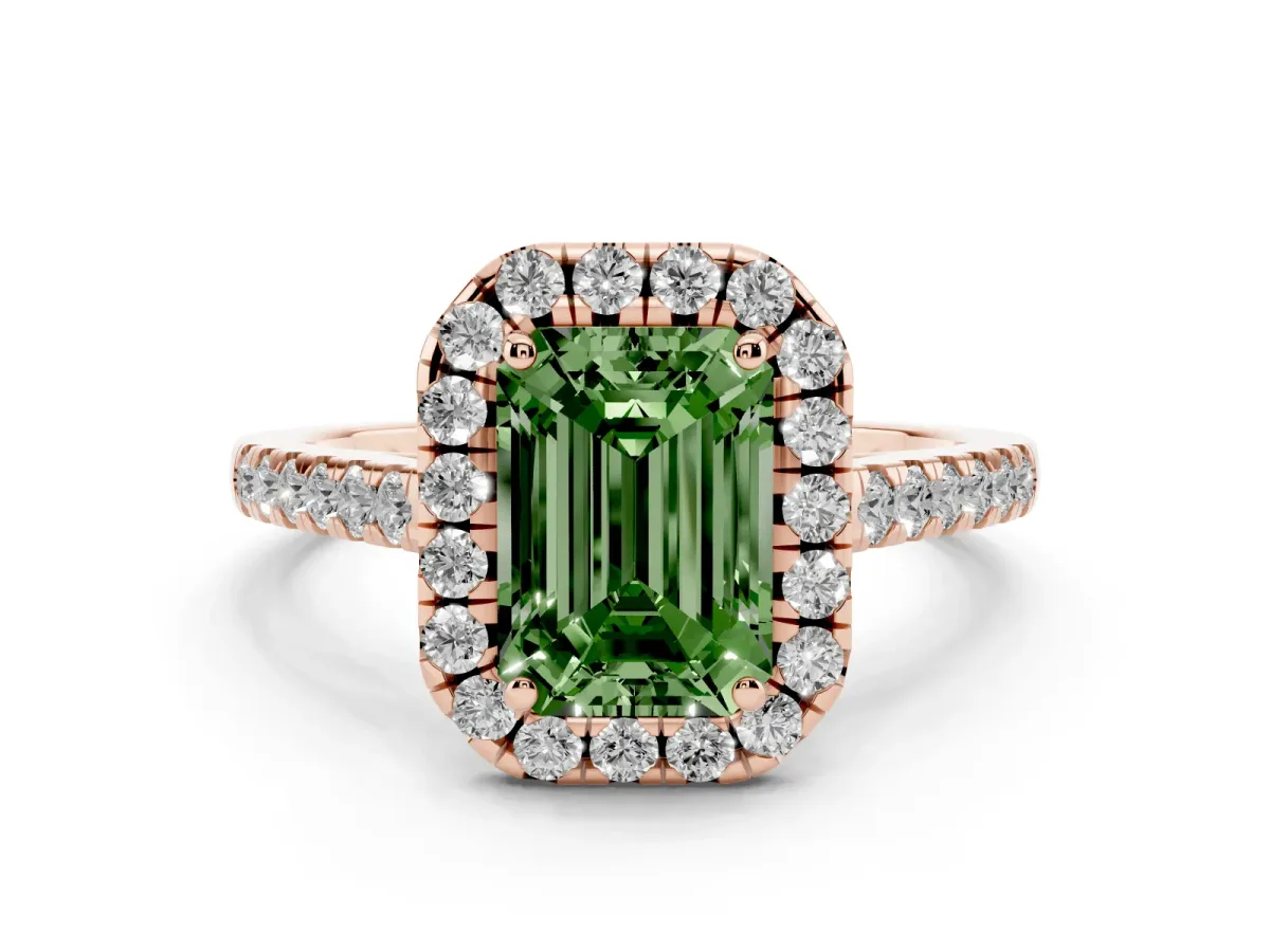 Fancy Green Emerald Cut Halo Pave Diamond Engagement Ring with Four-Prong Setting Rose gold