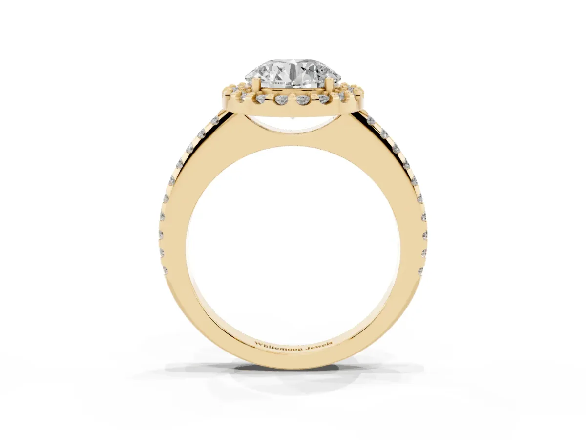 Round Cut Diamond Pavé Halo Ring with Four-Prong Setting Yellow gold