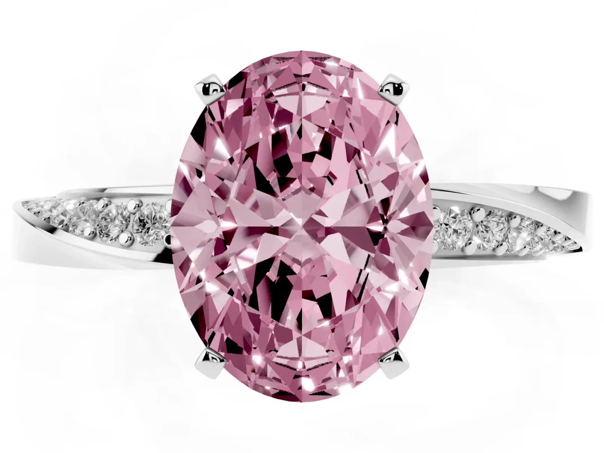 Fancy Pink Oval Cut Diamond Engagement Ring with Side Stone Accents and Four-Prong Setting Silver