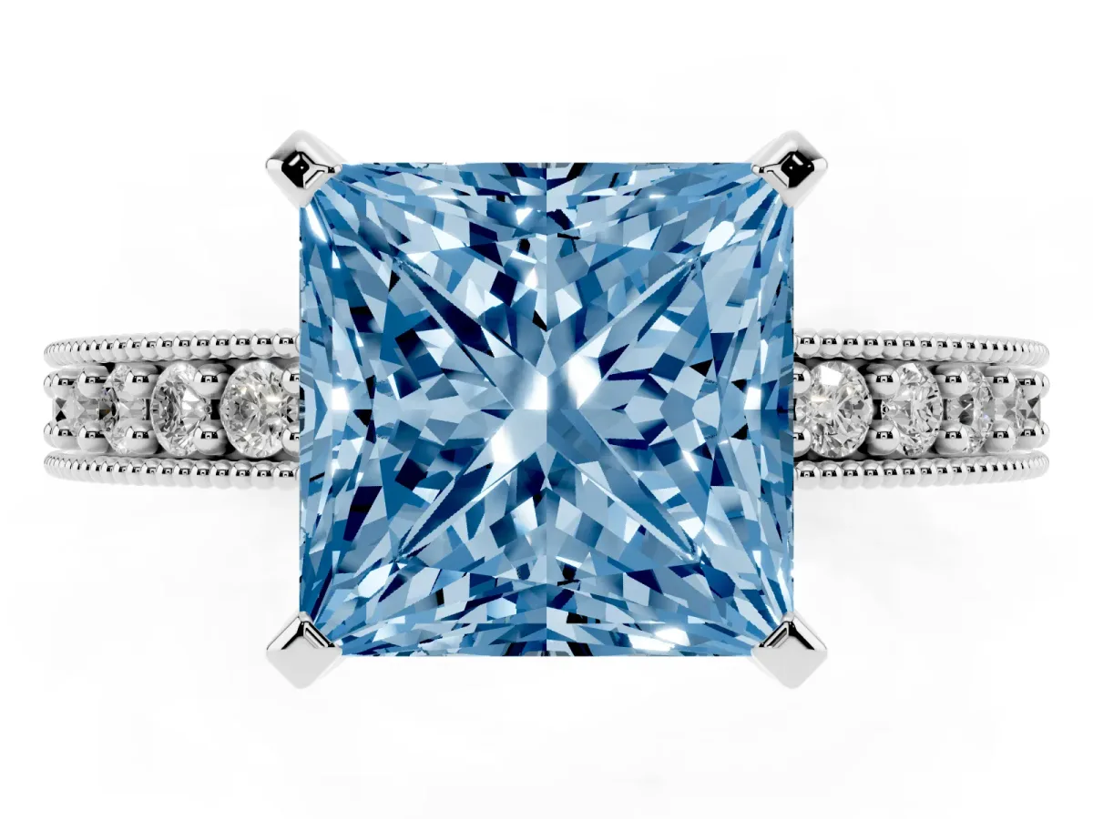 Fancy Blue Princess Cut Diamond Milgrain Pavé Engagement Ring with Four-Prong Setting Silver