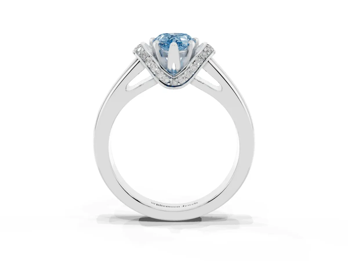 Fancy Blue Pear Cut Solitaire Diamond Ring with Pave Band and Six-Prong Setting Silver
